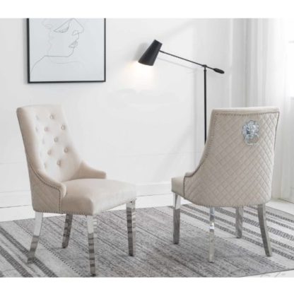 54edfe8a4a42d6c3ec0af0c3d3083d4602f281cfcd2f0542a3b4474090391f61.jpg An Image of Chelsi Cream Velvet Upholstered Dining Chair In Pair