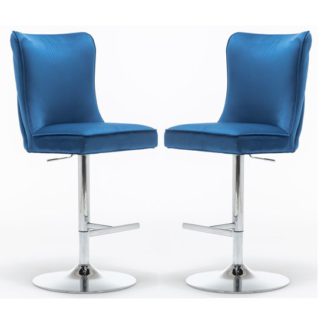 An Image of Belkon Blue Velvet Upholstered Gas-Lift Bar Chairs In Pair