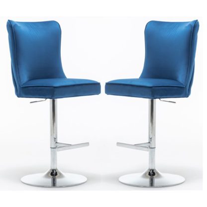 An Image of Belkon Blue Velvet Upholstered Gas-Lift Bar Chairs In Pair