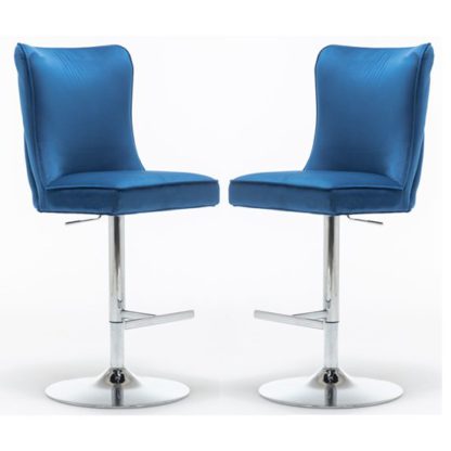 56ca299dda35e004198a4a4dde4d7e4731fd2f25674cec5fb55425b933f62d9a.jpg An Image of Belkon Blue Velvet Upholstered Gas-Lift Bar Chairs In Pair