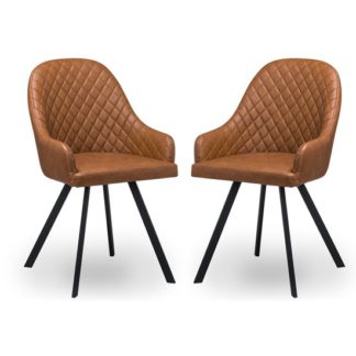 An Image of Stackom Chequered Tan Faux Leather Dining Chairs In Pair