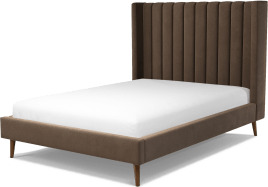 An Image of Cory Double Bed, Mushroom Taupe Cotton Velvet with Walnut Stained Oak Legs