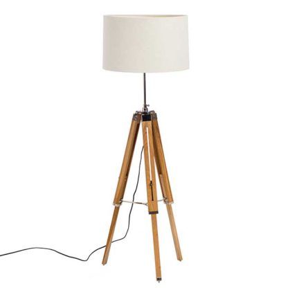 An Image of Atlas Adjustable Tripod Floor Lamp - Teak Wood & Vanilla Shade - Diameter: 76cm x H170cm