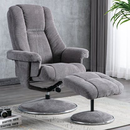 An Image of Dollis Fabric Swivel Recliner Chair And Footstool In Ash