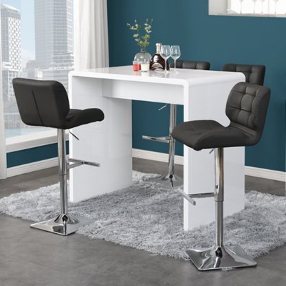 An Image of Glacier Gloss Bar Table In White With 4 Candid Black Bar Stools