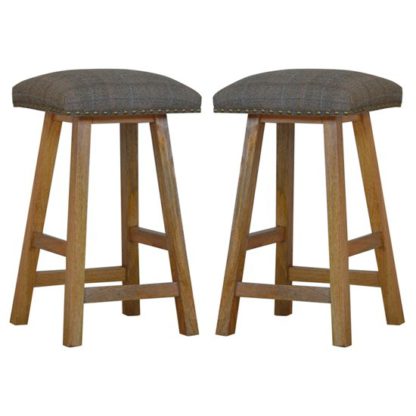 An Image of Trenton Wooden Bar Stool In Oak Ish With Tweed Fabric Seat In Pair