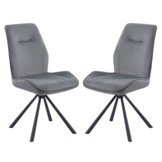 An Image of Niken Grey Velvet Upholstered Swivel Dining Chairs In Pair