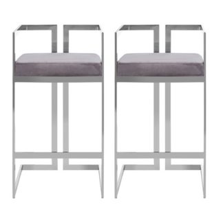 An Image of Azaltro Grey Velvet Bar Stools With Silver Metalframe In Pair