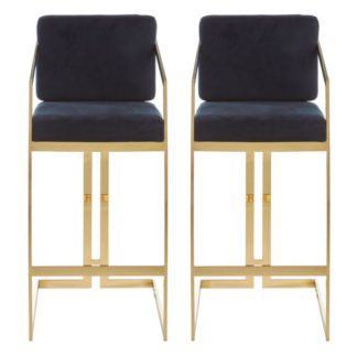 An Image of Azaltro Black Velvet Bar Stools With Gold Metalframe In Pair