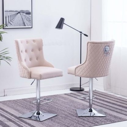 An Image of Chelsi Cream Velvet Upholstered Gas-Lift Bar Chairs In Pair