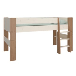 An Image of Pathos Wooden Mid Sleeper Bed In White And Stone With Ladder