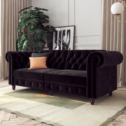 67124743dd336a9fc9b36c7a331dc4ea2dc4229d1970a219a3b245111bbd531f.jpg An Image of Felix Chesterfield Velvet Upholstered Sofa Bed In Black