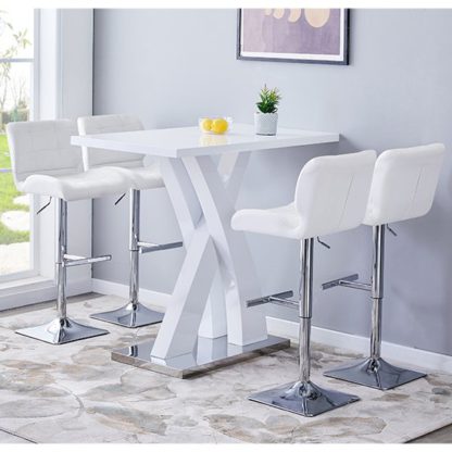 67b509757b8006459f602ffda5223b14ee37aae50929df94d6debab968dc2c9a.jpg An Image of Axara Gloss Bar Table In White With 4 Candid White Stools