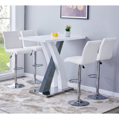 An Image of Axara Gloss Bar Table In White Grey With 4 Ripple White Stools