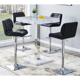 An Image of Palmero Gloss Bar Table In Vida Marble Effect With 4 Candid Black Bar Stools