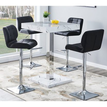 6b48a18cda455d85ec212dcea659048279f325259c15b8341dd4454dd6c02af2.jpg An Image of Palmero Gloss Bar Table In Vida Marble Effect With 4 Candid Black Bar Stools