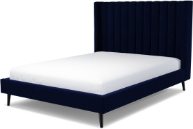 An Image of Cory King Size Bed, Prussian Blue Cotton Velvet with Black Stained Oak Legs