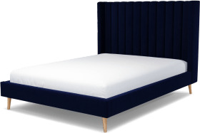 An Image of Cory King Size Bed, Prussian Blue Cotton Velvet with Oak Legs
