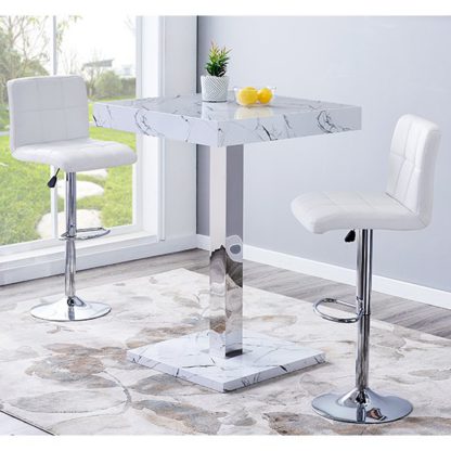 An Image of Palmero Gloss Bar Table In Vida Marble Effect With 2 Coco White Bar Stools