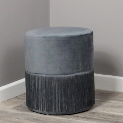 An Image of Brunner Round Velvet Tassles Stool In Grey