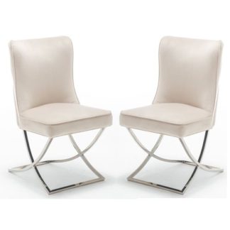 An Image of Baltec Cream Velvet Upholstered Dining Chair In Pair