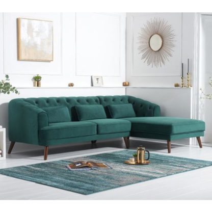 An Image of Destone Velvet Upholstered Right Handed Corner Sofa In Green