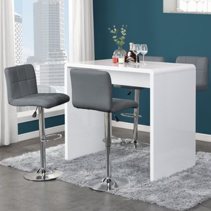 An Image of Glacier Gloss Bar Table In White With 4 Coco Grey Bar Stools