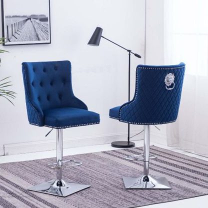 7db9d7e230a729a7efa3820acd32326b2acc165f9587a6688b6249d229e25e5d.jpg An Image of Chelsi Blue Velvet Upholstered Gas-Lift Bar Chairs In Pair
