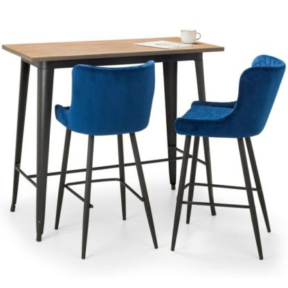 7e30d289edeba1f8d22ce5625d0737d3d22603712bc937fbc9408f2cef61c508.jpg An Image of Grafton Wooden Bar Table In Mocha Elm With 2 Luxe Blue Bar Stools