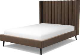 An Image of Cory Double Bed, Mushroom Taupe Cotton Velvet with Black Stained Oak Legs