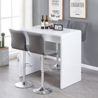 An Image of Glacier Gloss Bar Table In White With 4 Ripple Grey Stools