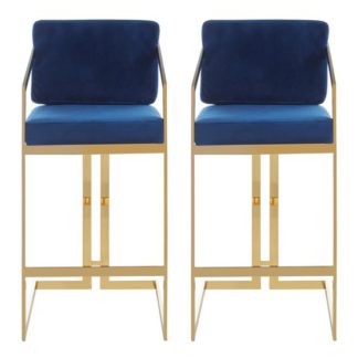 An Image of Azaltro Blue Velvet Bar Stools With Gold Metalframe In Pair
