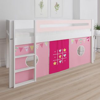 An Image of Morden Kids Mid Sleeper Bed In Light Rose With Bunting Curtain