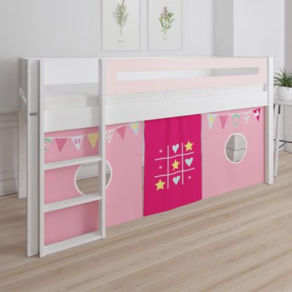 An Image of Morden Kids Mid Sleeper Bed In Light Rose With Bunting Curtain