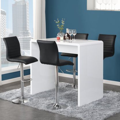 An Image of Glacier Gloss Bar Table In White With 4 Ripple Black Stools
