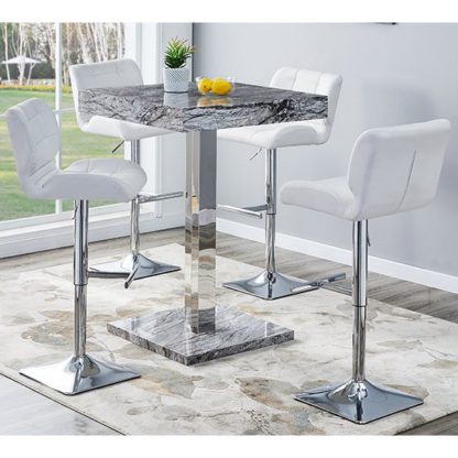 An Image of Topaz Gloss Bar Table In Melange Marble Effect With 4 Candid White Bar Stools