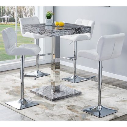 8fc145a0597088dfc393c43fdae61031ffddec193119f66346b831559b06543c.jpg An Image of Topaz Gloss Bar Table In Melange Marble Effect With 4 Candid White Bar Stools