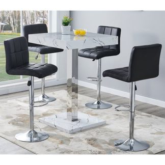 An Image of Palmero Gloss Bar Table In Vida Marble Effect With 4 Coco Black Bar Stools