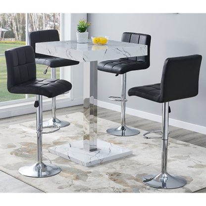 8ff27b98a09fe0b7ecc63012ce890aa8f41d5db1ebdef9c3ba5892ecba660ad5.jpg An Image of Palmero Gloss Bar Table In Vida Marble Effect With 4 Coco Black Bar Stools