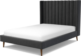 An Image of Cory Double Bed, Ashen Grey Cotton Velvet with Walnut Stained Oak Legs