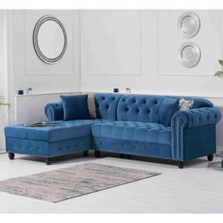 An Image of Bicasto Velvet Left Handed Chaise Corner Sofa In Blue