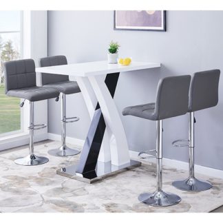 An Image of Axara Gloss Bar Table In White Black With 4 Coco Grey Stools
