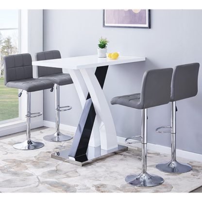 93a26e2474d400e0a513e778a2a6942ffa79cf60ba5670ca5a1fe3f1f302cee5.jpg An Image of Axara Gloss Bar Table In White Black With 4 Coco Grey Stools