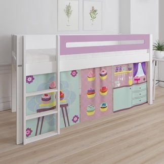 An Image of Morden Kids Mid Sleeper Bed In Dusty Rose With Cup Cake Curtain