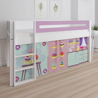 960a6c7f312b521526f432658d4bf0ae573b7d8bbe86a2ee0b1aaebb4d59e235.jpg An Image of Morden Kids Mid Sleeper Bed In Dusty Rose With Cup Cake Curtain