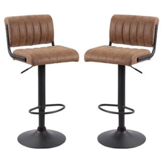 An Image of Paris Brown Leather Bar Stools With Black Base In A Pair