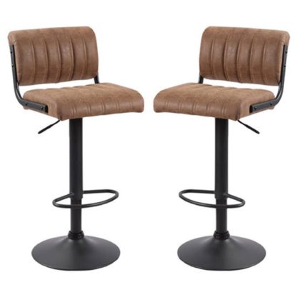 An Image of Paris Brown Leather Bar Stools With Black Base In A Pair