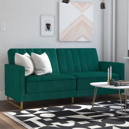 9b470cacde2d07f41f0f47e2b6e02a7e38925e1356697db0037ee965fe0ec475.jpg An Image of Skylar Velvet Upholstered Sofa Bed In Green With Gold Metal Legs