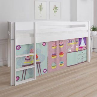 An Image of Morden Kids Mid Sleeper Bed In Snow White With Cup Cake Curtain