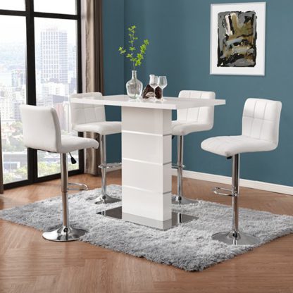 9fb7b5ad82750904f3b86d1cc3ea73993e9e5b44ef366184583dd26be9a5d92f.jpg An Image of Parini High Gloss Bar Table In White With 4 Coco White Stools